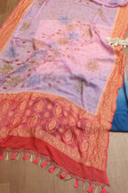 Pink And Blue Trendy Satin Silk Ombre Dye Suit With Purple Banarasi Handloom Pure Georgette Brush Dye Dupatta - Luxurion World