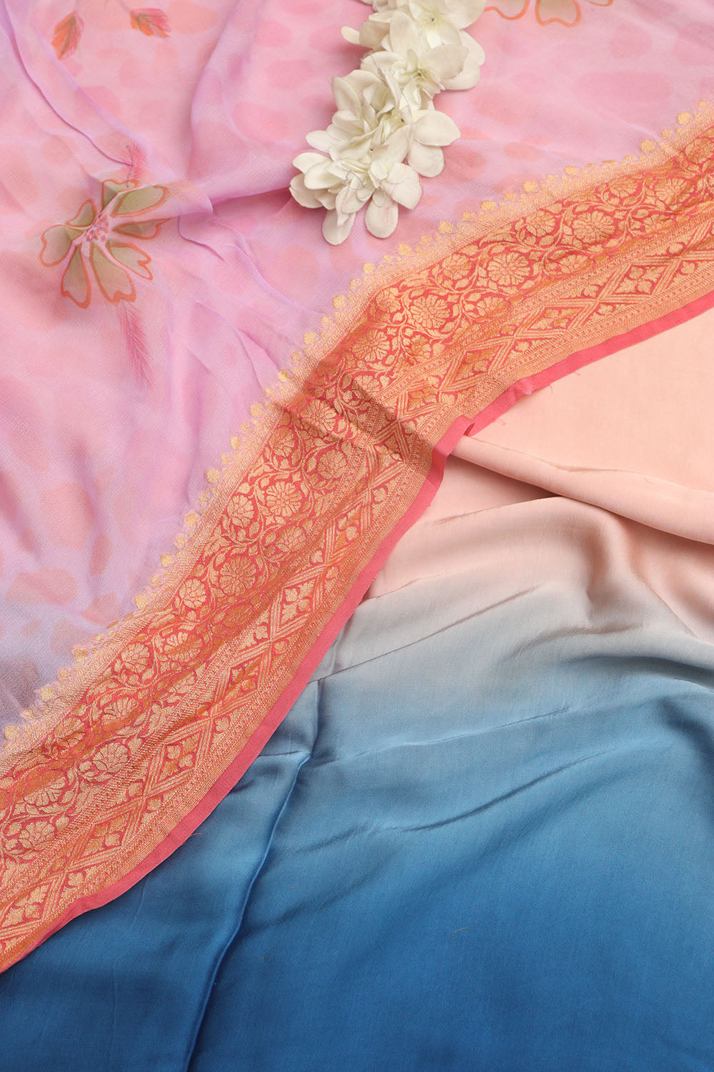 Pink And Blue Trendy Satin Silk Ombre Dye Suit With Purple Banarasi Handloom Pure Georgette Brush Dye Dupatta - Luxurion World