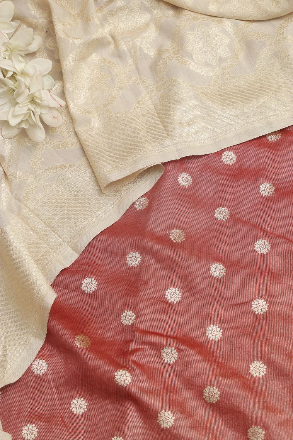 Elegant Maroon Banarasi Tissue Zari Booti Design Silk Suit With Dyeable Banarasi Handloom Pure Moonga Silk Dupatta - Luxurion World