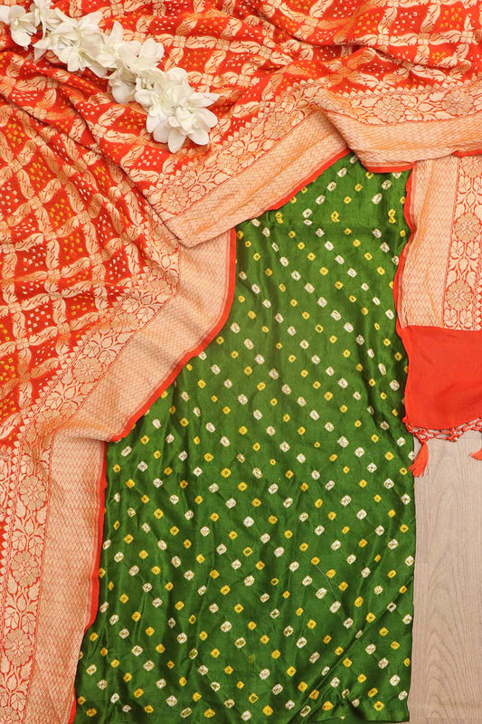 Mehendi Green Bandhani Pure Gajji Silk Suit With Orange Banarasi Bandhani Pure Georgette Dupatta - Luxurion World