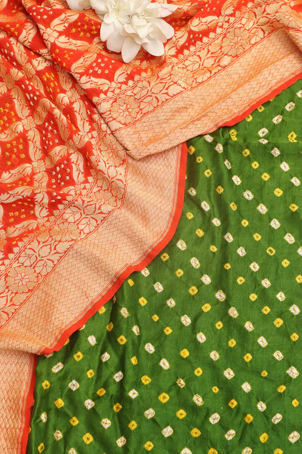 Mehendi Green Bandhani Pure Gajji Silk Suit With Orange Banarasi Bandhani Pure Georgette Dupatta - Luxurion World