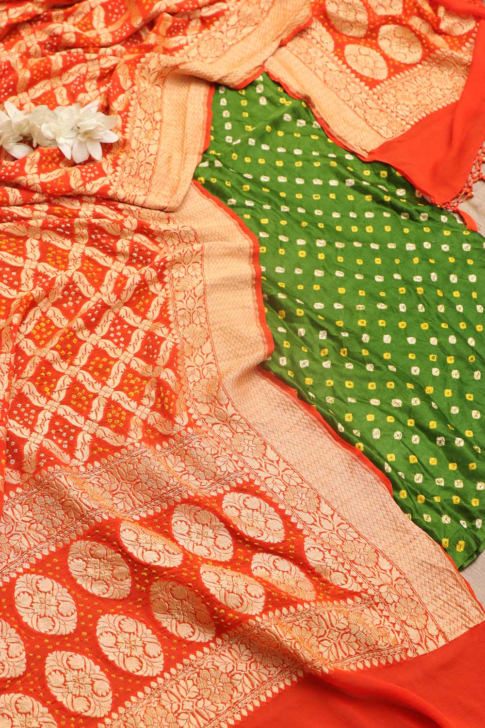 Mehendi Green Bandhani Pure Gajji Silk Suit With Orange Banarasi Bandhani Pure Georgette Dupatta - Luxurion World