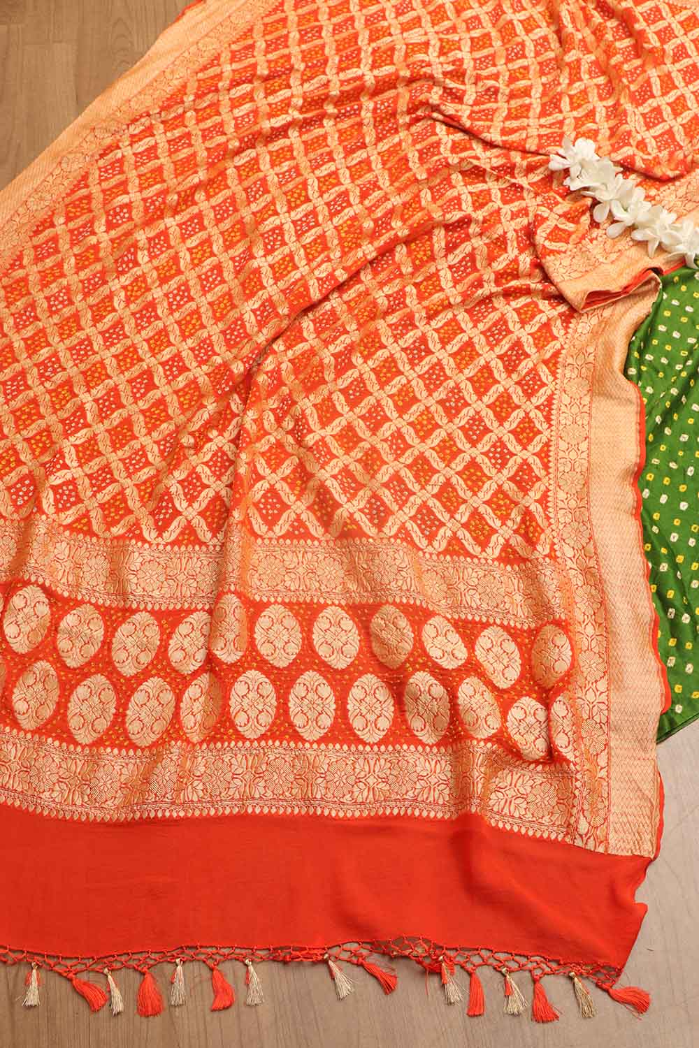 Mehendi Green Bandhani Pure Gajji Silk Suit With Orange Banarasi Bandhani Pure Georgette Dupatta - Luxurion World