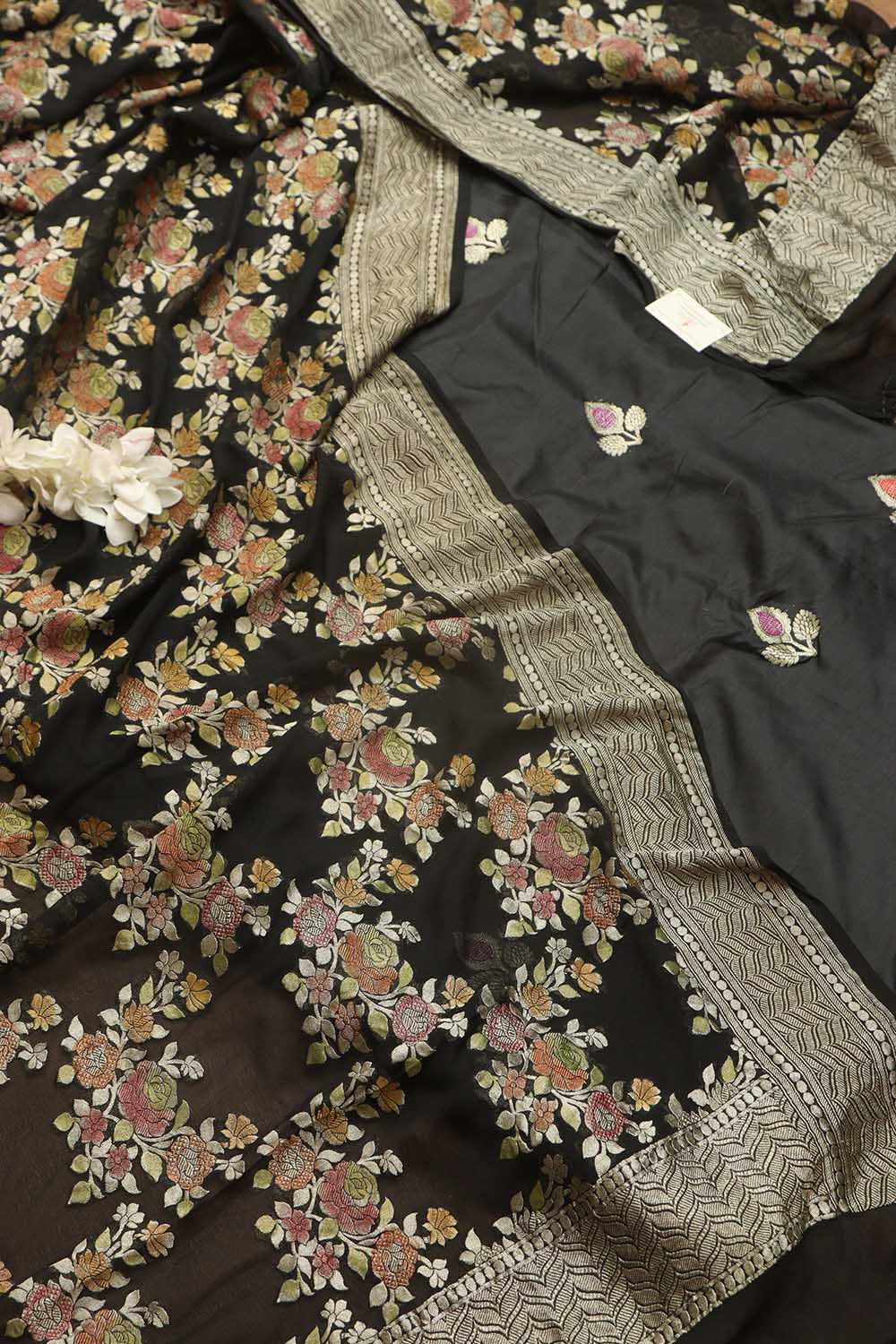 Elegant Black Banarasi Pure Katan Silk Meenakari Suit With Black Handloom Banarasi Brush Dye Pure Georgette Dupatta - Luxurion World