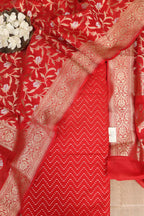 Red Banarasi Cotton Zig Zag Design Suit With Red Banarasi Cotton Silk Dupatta - Luxurion World