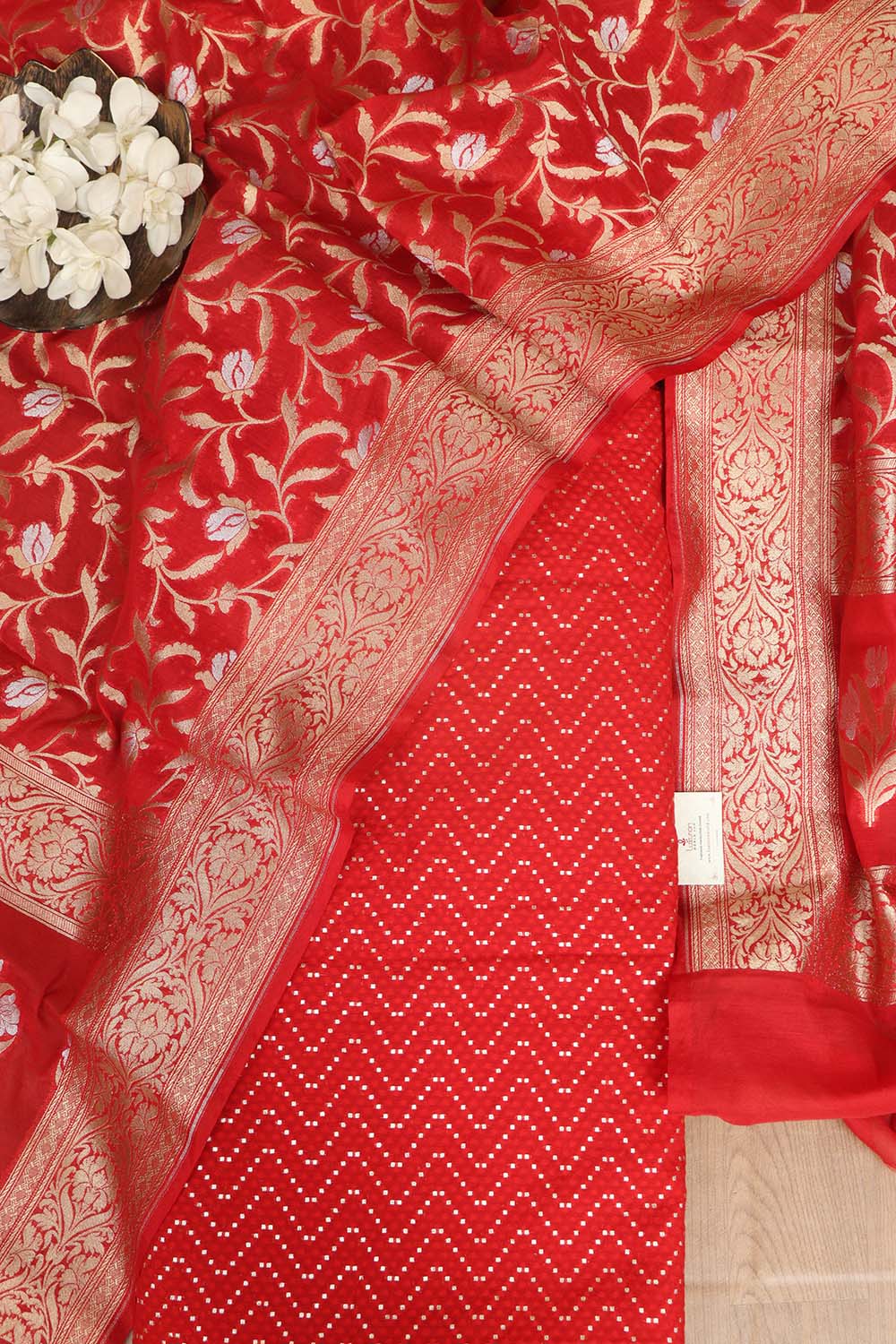Red Banarasi Cotton Zig Zag Design Suit With Red Banarasi Cotton Silk Dupatta - Luxurion World