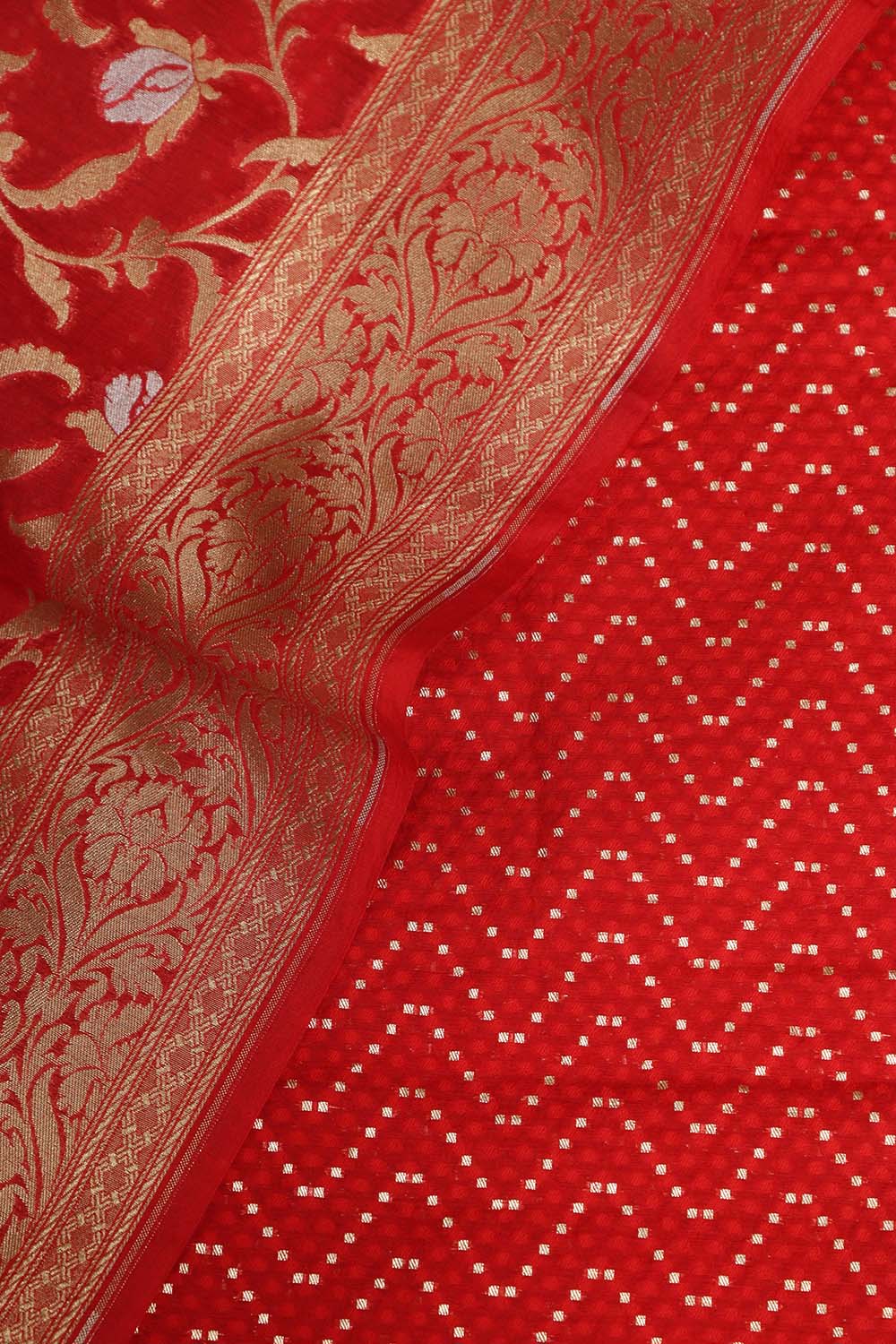 Red Banarasi Cotton Zig Zag Design Suit With Red Banarasi Cotton Silk Dupatta - Luxurion World