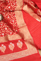 Red Banarasi Cotton Zig Zag Design Suit With Red Banarasi Cotton Silk Dupatta - Luxurion World