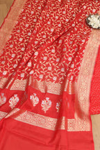 Red Banarasi Cotton Zig Zag Design Suit With Red Banarasi Cotton Silk Dupatta - Luxurion World