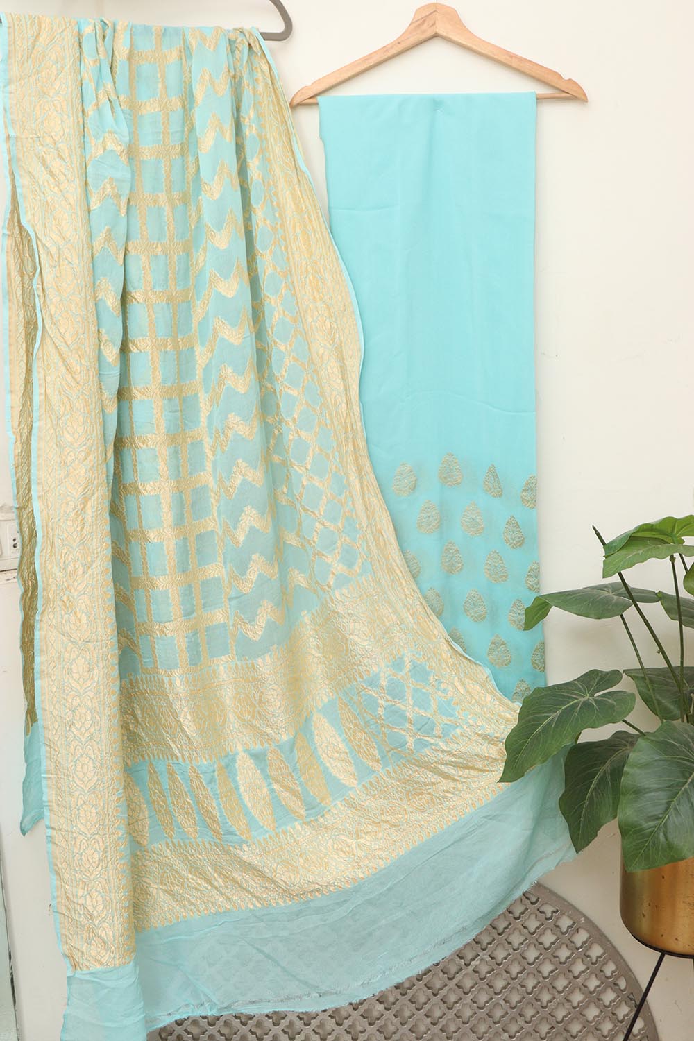 Blue Banarasi Pure Georgette Suit With Blue Banarasi Pure Georgette Dupatta - Luxurion World