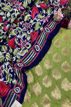 Stunning Green Banarasi Silk Suit With Blue Kantha Bangalore Silk Hand Embroidered Dupatta - Luxurion World