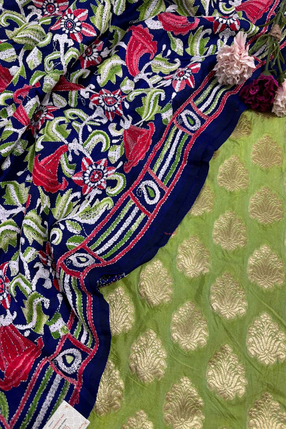 Stunning Green Banarasi Silk Suit With Blue Kantha Bangalore Silk Hand Embroidered Dupatta - Luxurion World