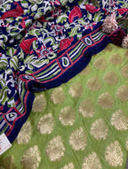 Stunning Green Banarasi Silk Suit With Blue Kantha Bangalore Silk Hand Embroidered Dupatta - Luxurion World