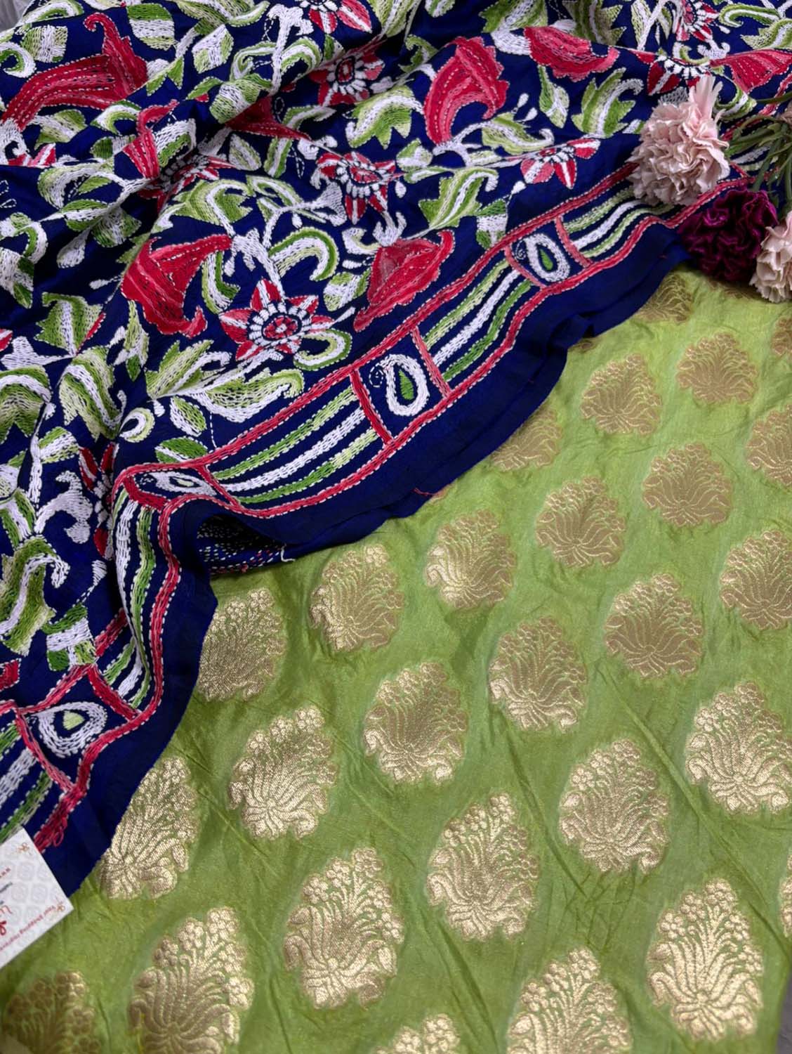 Stunning Green Banarasi Silk Suit With Blue Kantha Bangalore Silk Hand Embroidered Dupatta - Luxurion World