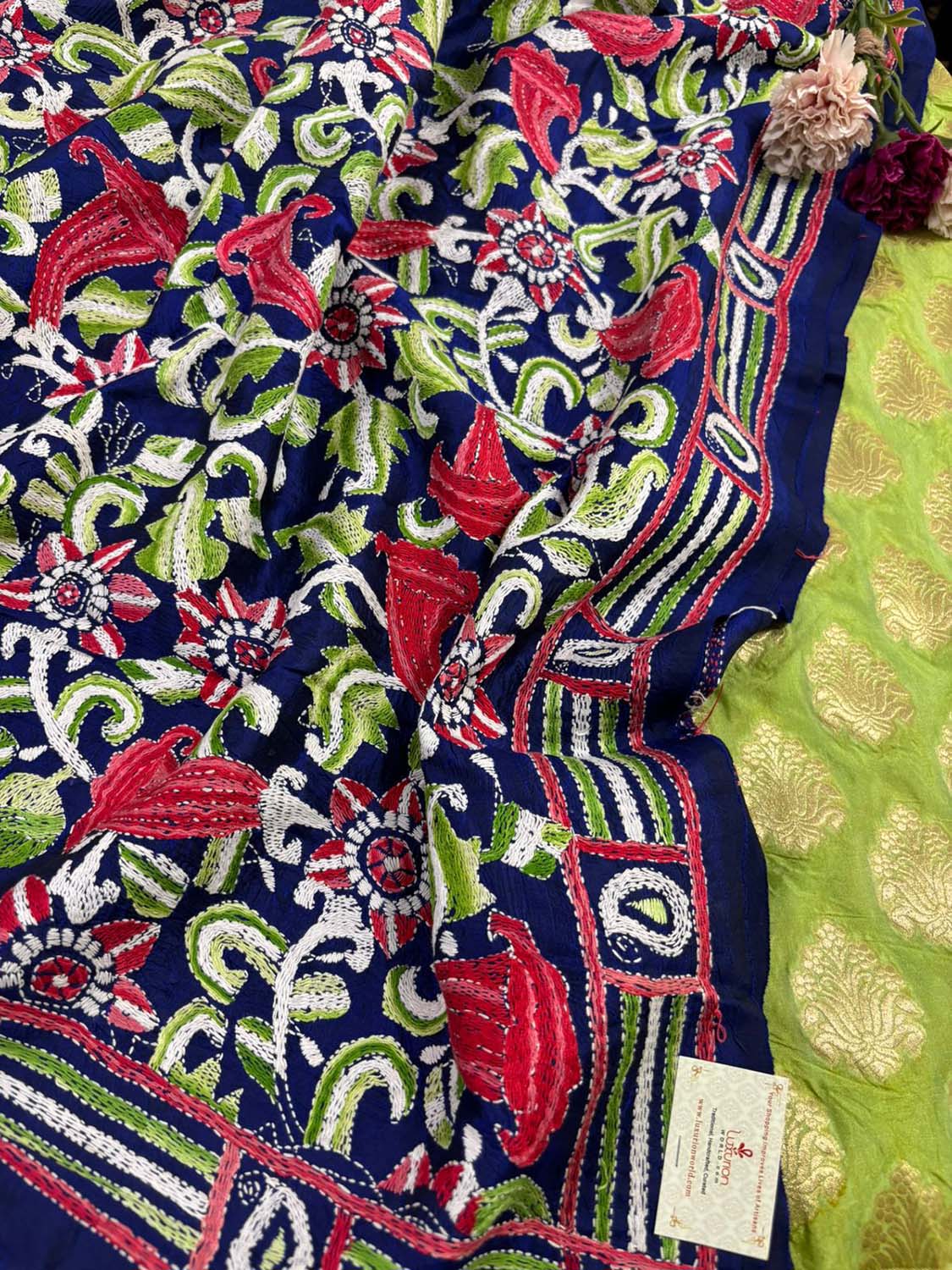 Stunning Green Banarasi Silk Suit With Blue Kantha Bangalore Silk Hand Embroidered Dupatta - Luxurion World
