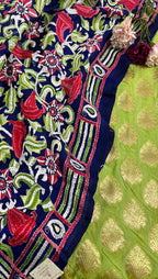 Stunning Green Banarasi Silk Suit With Blue Kantha Bangalore Silk Hand Embroidered Dupatta - Luxurion World