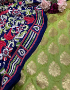 Stunning Green Banarasi Silk Suit With Blue Kantha Bangalore Silk Hand Embroidered Dupatta - Luxurion World