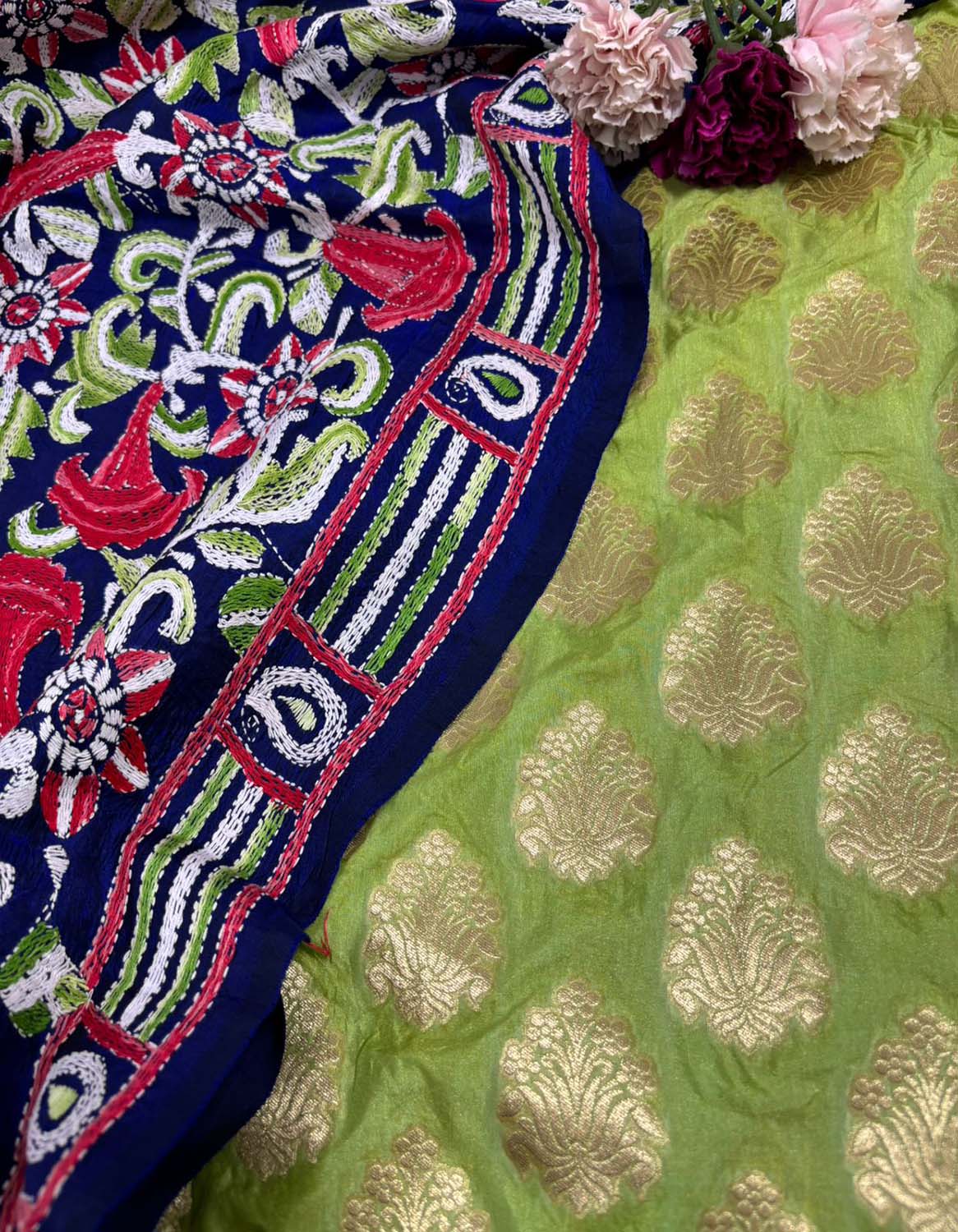 Stunning Green Banarasi Silk Suit With Blue Kantha Bangalore Silk Hand Embroidered Dupatta - Luxurion World