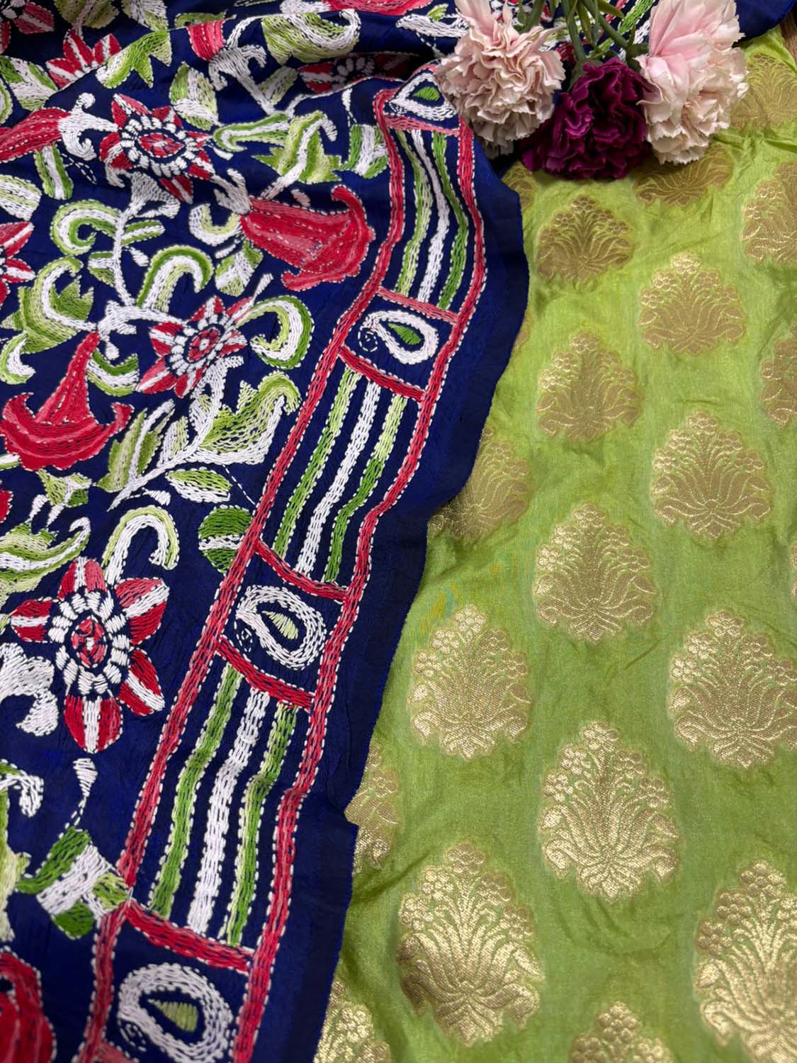 Stunning Green Banarasi Silk Suit With Blue Kantha Bangalore Silk Hand Embroidered Dupatta - Luxurion World