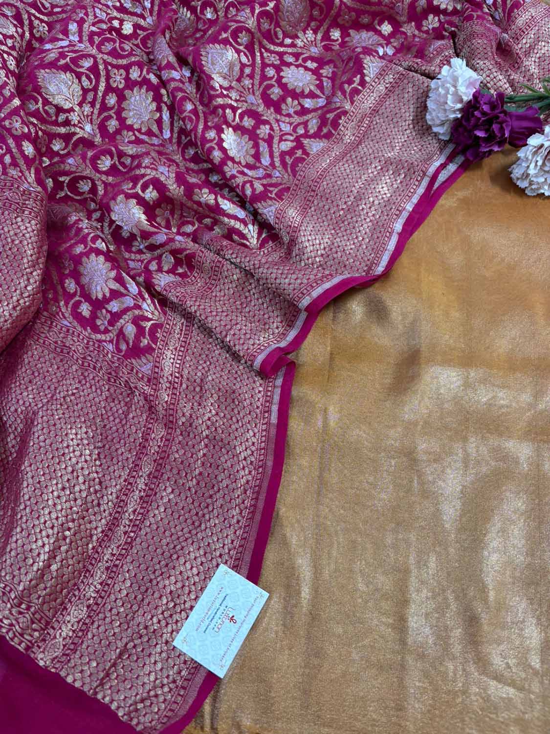 Mustard Banarasi Tissue Katan Silk Suit With Pinkish Red Banarasi Handloom Pure Georgette Sona Roopa Dupatta - Luxurion World