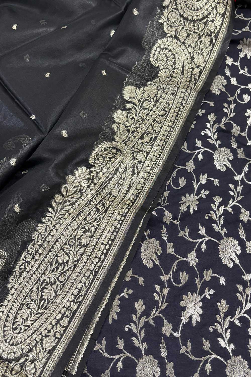 Black Banarasi Silk Suit With Black Banarasi Organza Silk Dupatta - Luxurion World
