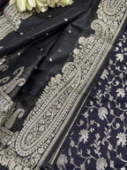 Black Banarasi Silk Suit With Black Banarasi Organza Silk Dupatta - Luxurion World