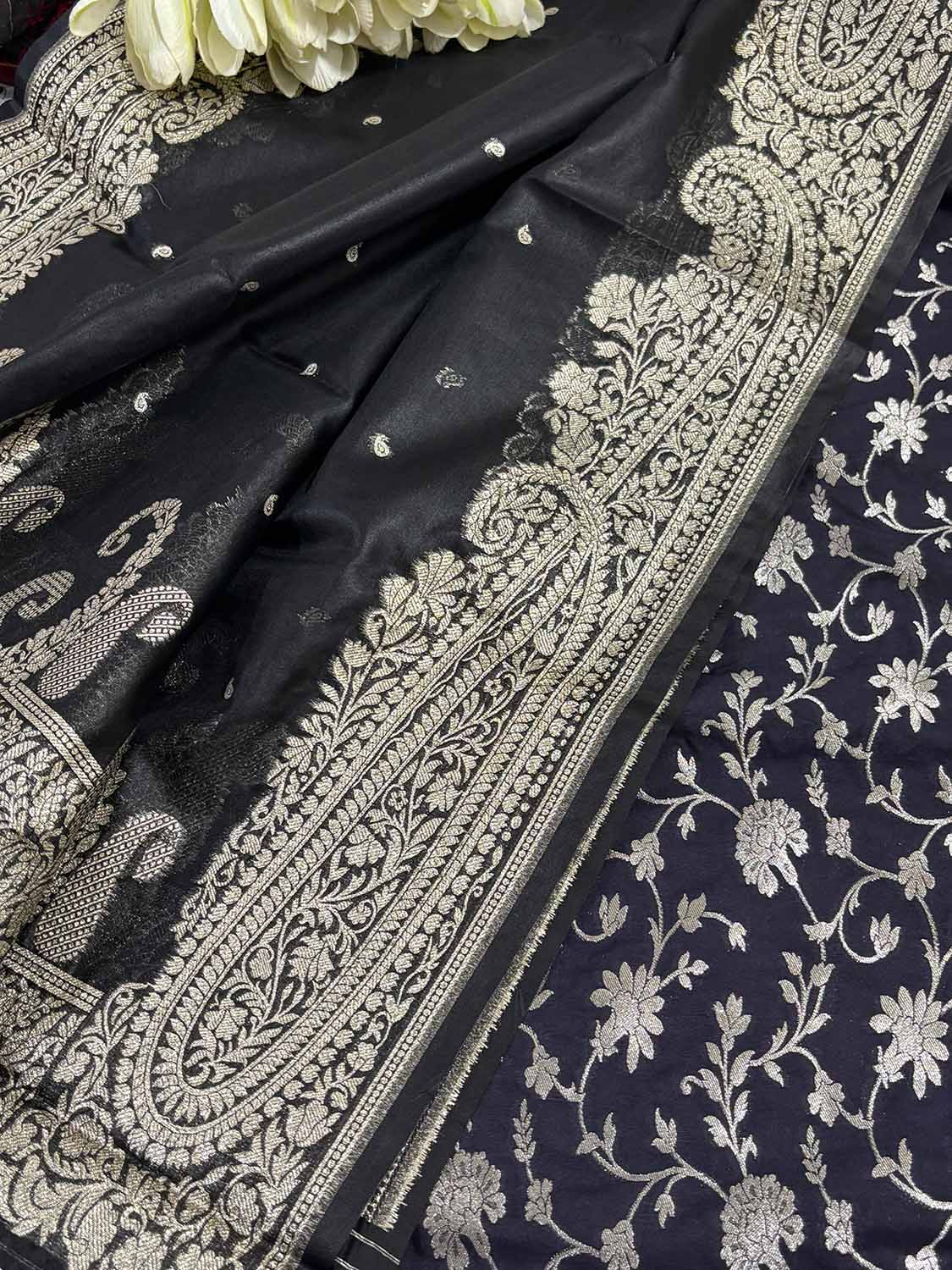 Black Banarasi Silk Suit With Black Banarasi Organza Silk Dupatta - Luxurion World