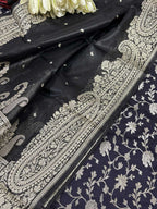 Black Banarasi Silk Suit With Black Banarasi Organza Silk Dupatta - Luxurion World