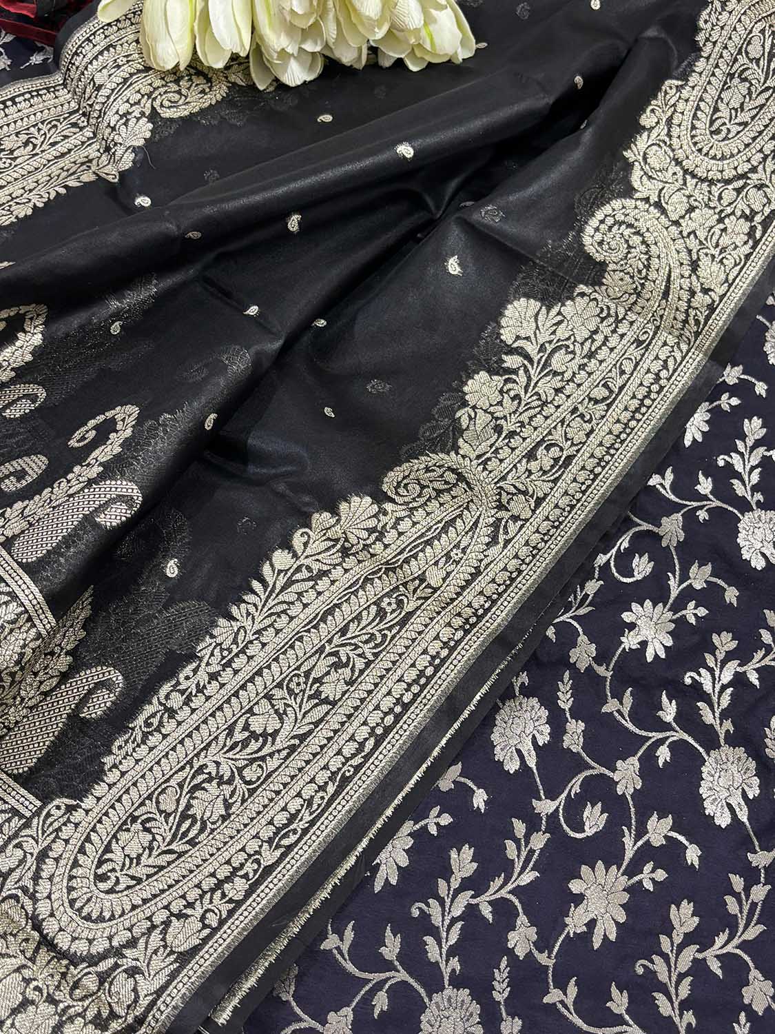 Black Banarasi Silk Suit With Black Banarasi Organza Silk Dupatta - Luxurion World