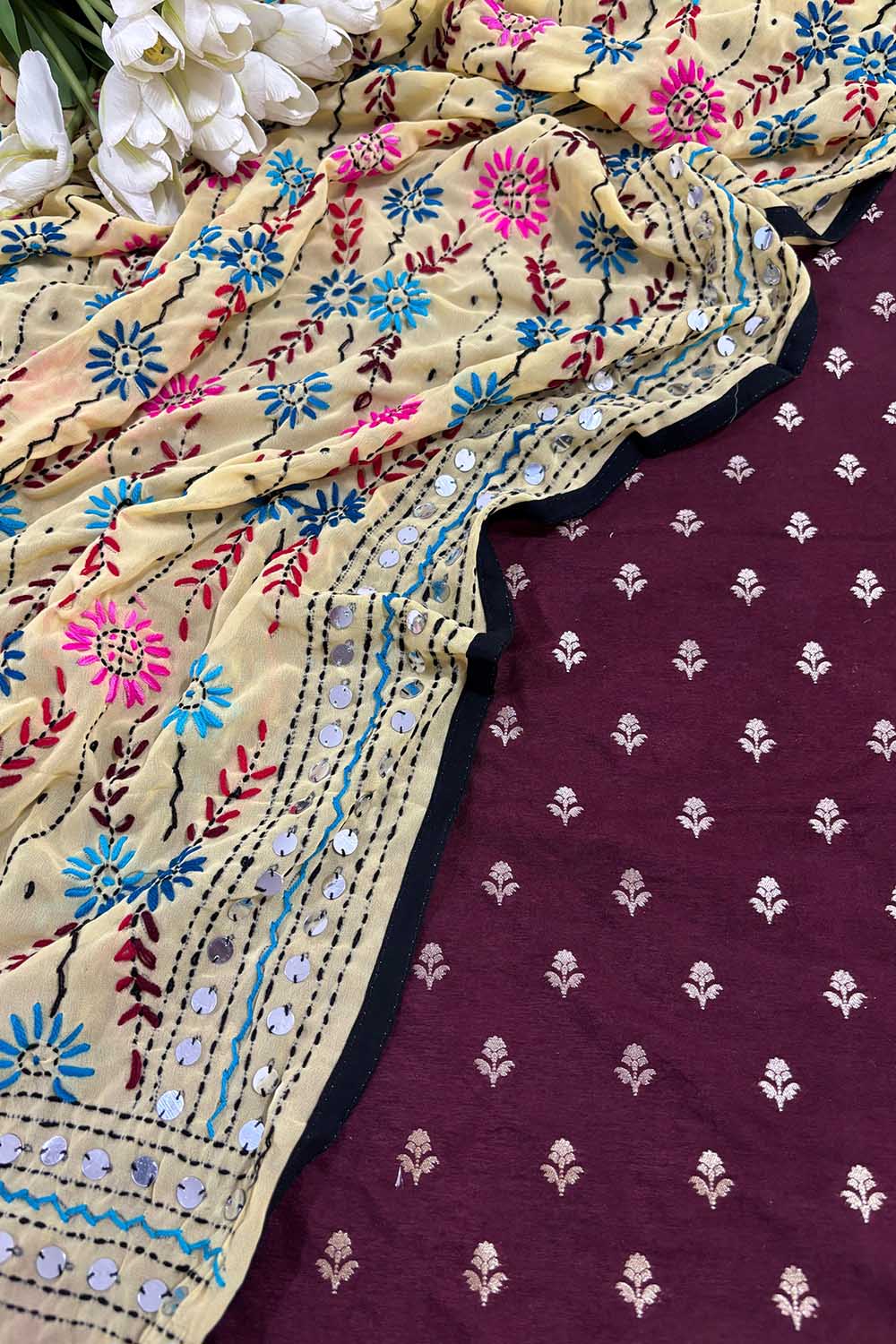 Maroon Banarasi Silk Suit With Yellow Phulkari Hand Embroidered Georgette Dupatta - Luxurion World