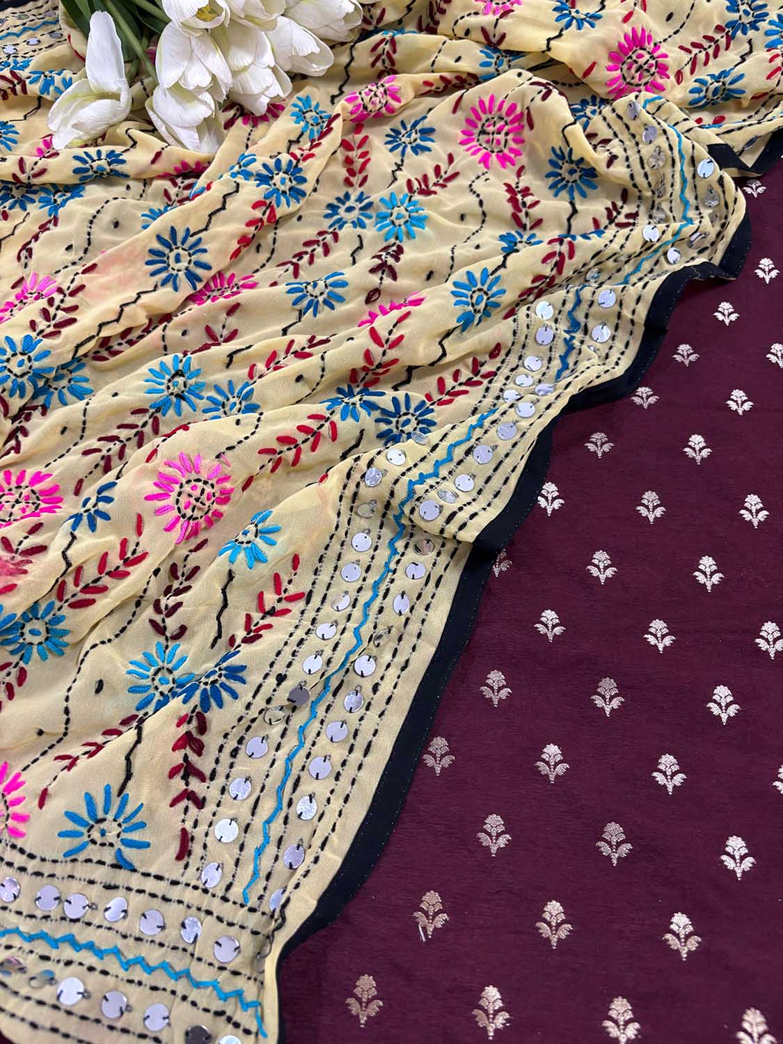 Maroon Banarasi Silk Suit With Yellow Phulkari Hand Embroidered Georgette Dupatta - Luxurion World