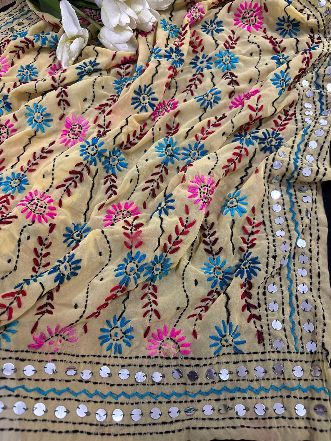Maroon Banarasi Silk Suit With Yellow Phulkari Hand Embroidered Georgette Dupatta - Luxurion World