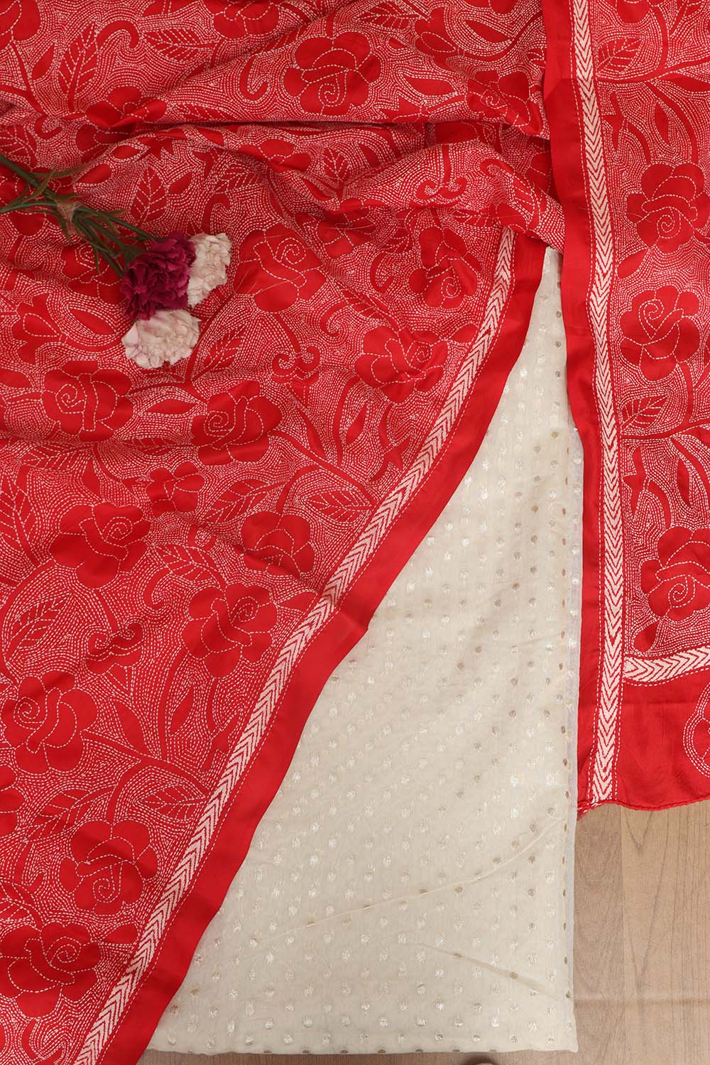 Dyeable Banarasi Chanderi Silk Suit With Red Hand Embroidered Kantha Pure Bangalore Silk Dupatta - Luxurion World