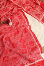 Dyeable Banarasi Chanderi Silk Suit With Red Hand Embroidered Kantha Pure Bangalore Silk Dupatta - Luxurion World