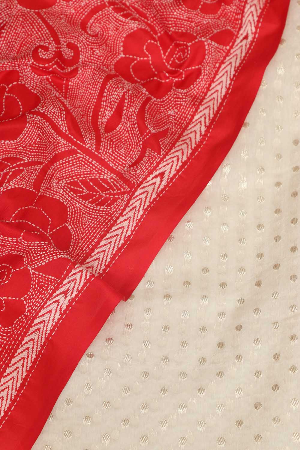 Dyeable Banarasi Chanderi Silk Suit With Red Hand Embroidered Kantha Pure Bangalore Silk Dupatta - Luxurion World