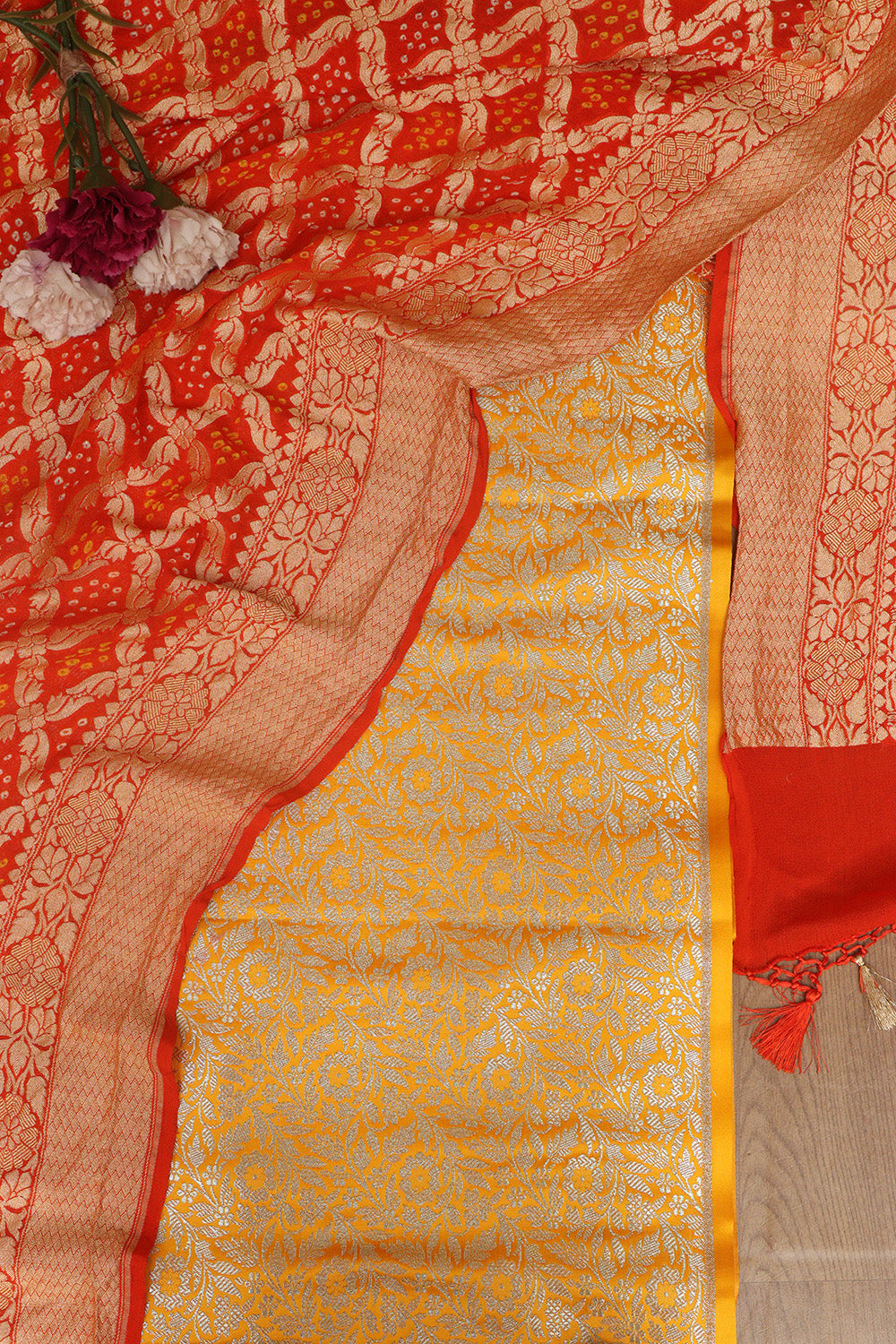 Yellow Banarasi Silk Satin Zari Brocade Suit With Orange Banarasi Bandhani Pure Georgette Dupatta - Luxurion World