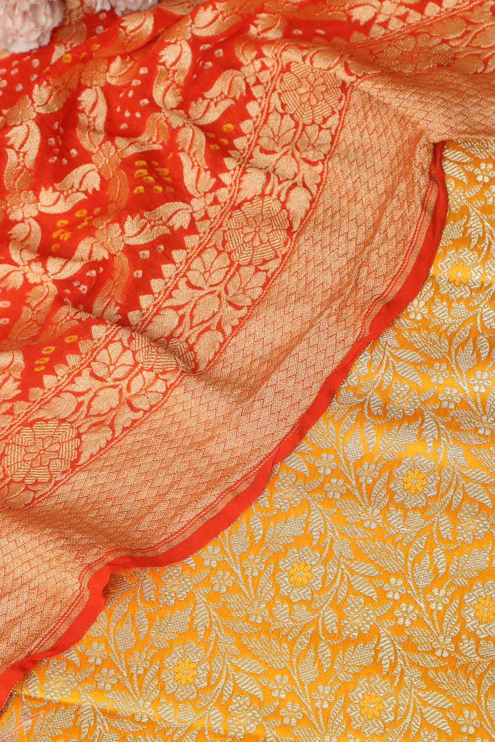 Yellow Banarasi Silk Satin Zari Brocade Suit With Orange Banarasi Bandhani Pure Georgette Dupatta - Luxurion World