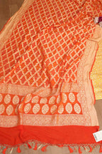 Yellow Banarasi Silk Satin Zari Brocade Suit With Orange Banarasi Bandhani Pure Georgette Dupatta - Luxurion World