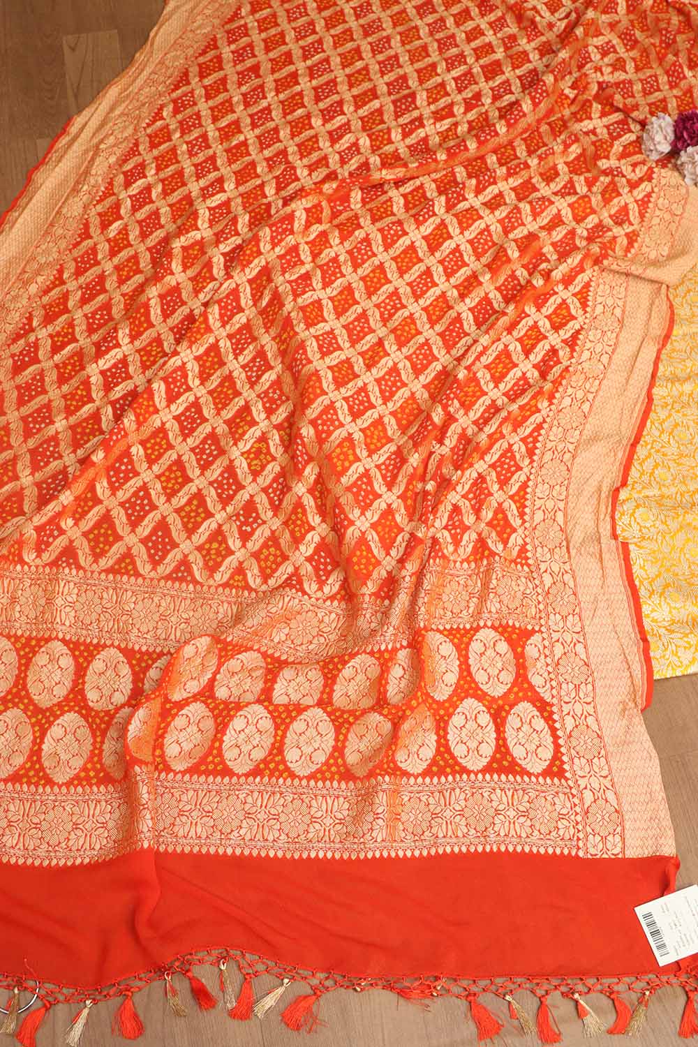 Yellow Banarasi Silk Satin Zari Brocade Suit With Orange Banarasi Bandhani Pure Georgette Dupatta - Luxurion World