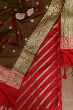 Red Banarasi Handloom Pure Silk Stripes Design Suit With Green Handloom Banarasi Pure Katan Silk Dupatta - Luxurion World