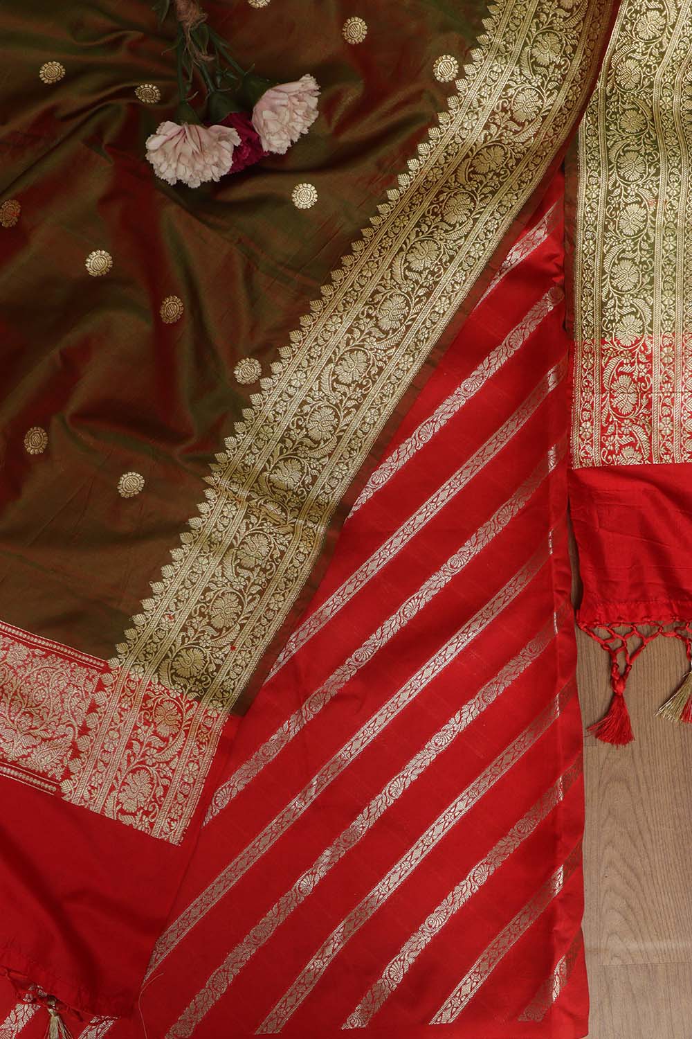 Red Banarasi Zari Woven Silk Kurta With Contrast Green Salwar, Dupatta main image 1