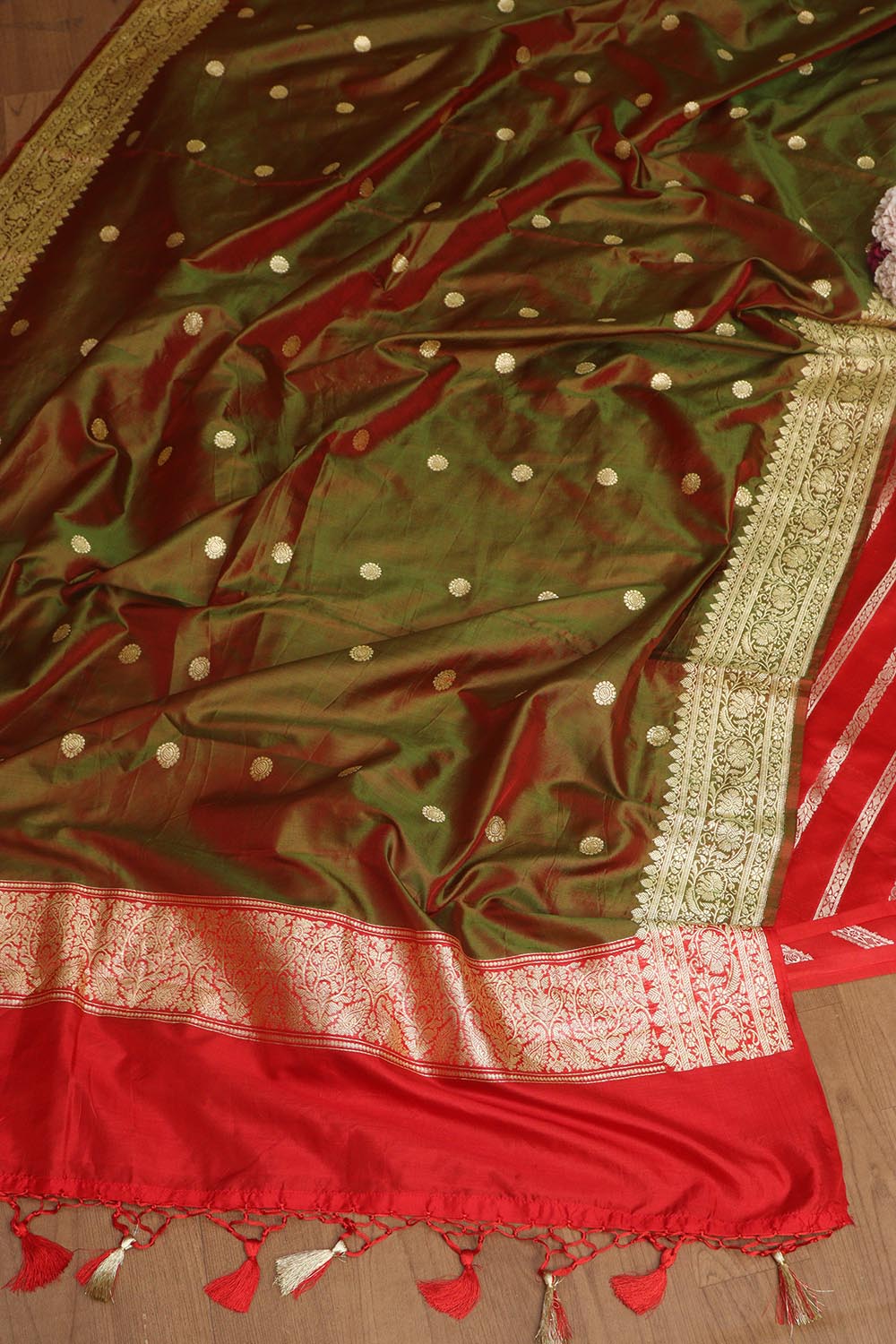 Red Banarasi Handloom Pure Silk Stripes Design Suit With Green Handloom Banarasi Pure Katan Silk Dupatta - Luxurion World