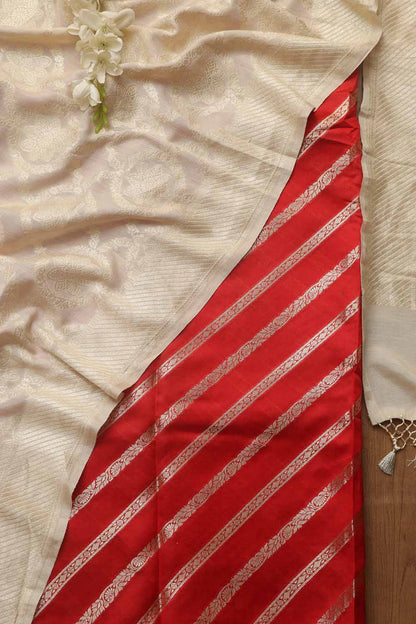 Red Banarasi Handloom Pure Silk Stripes Design Suit With Dyeable Banarasi Handloom Pure Moonga Silk Dupatta - Luxurion World