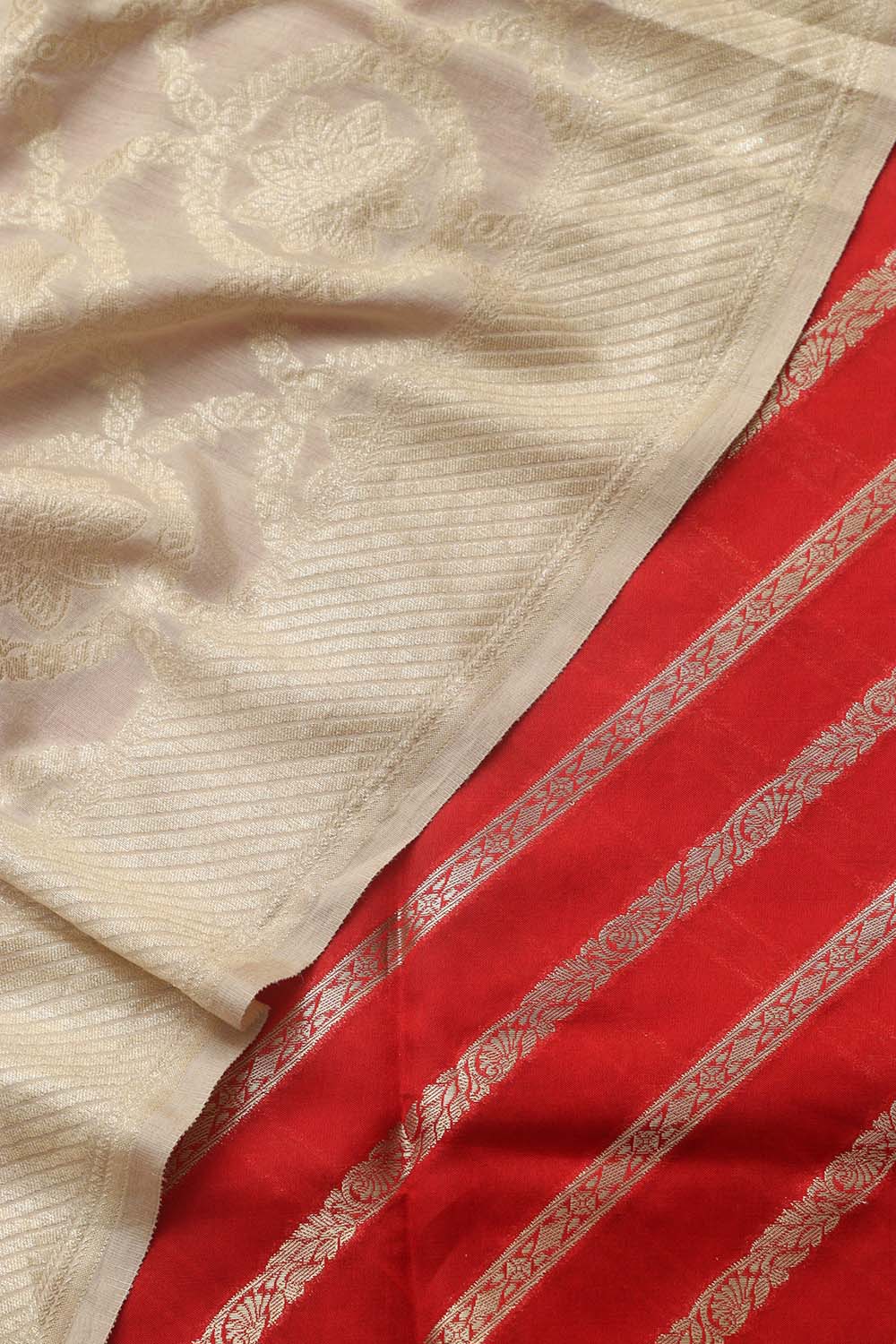 Red Banarasi Handloom Pure Silk Stripes Design Suit With Dyeable Banarasi Handloom Pure Moonga Silk Dupatta - Luxurion World
