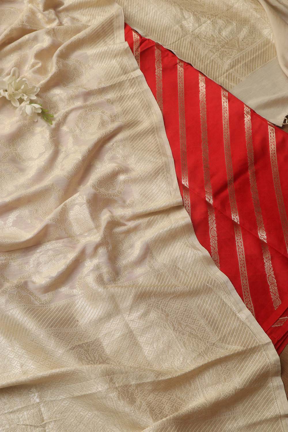 Red Banarasi Handloom Pure Silk Stripes Design Suit With Dyeable Banarasi Handloom Pure Moonga Silk Dupatta - Luxurion World