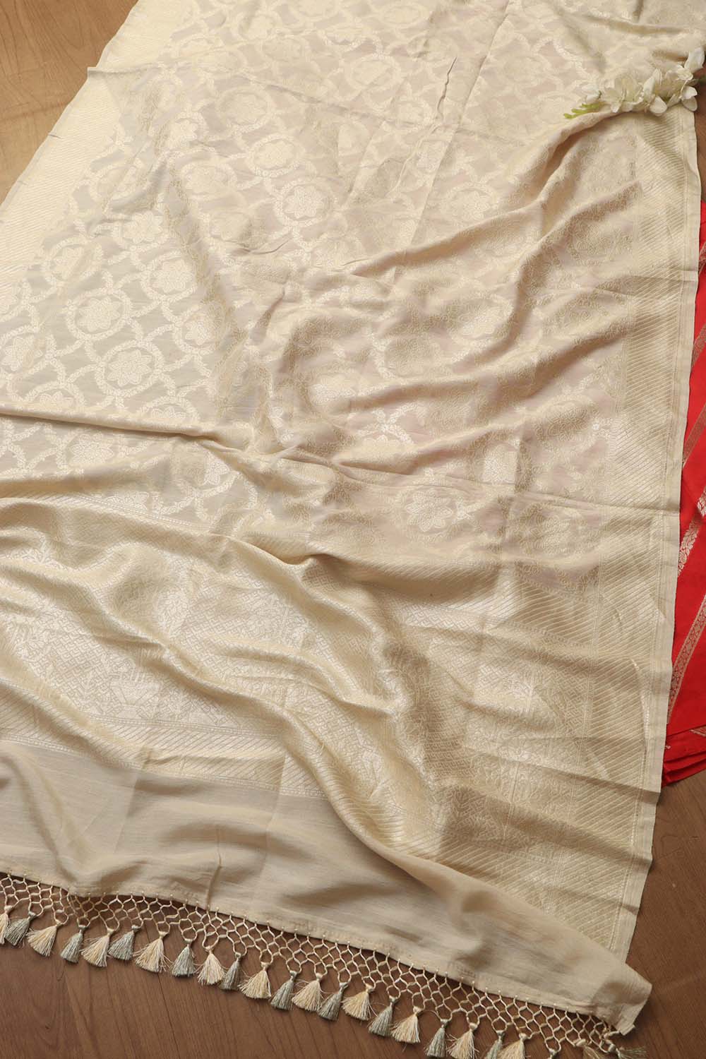 Red Banarasi Handloom Pure Silk Stripes Design Suit With Dyeable Banarasi Handloom Pure Moonga Silk Dupatta - Luxurion World