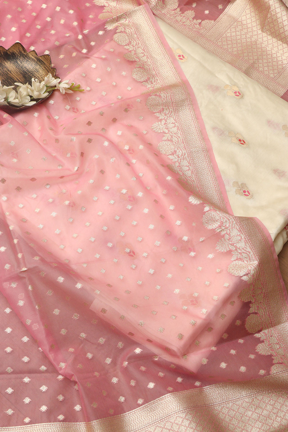 Dyeable Banarasi Handloom Chiniya Silk Suit With Pink Banarasi Organza Dupatta - Luxurion World