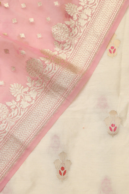 Dyeable Banarasi Handloom Chiniya Silk Suit With Pink Banarasi Organza Dupatta - Luxurion World