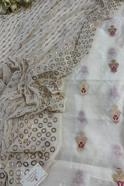 Dyeable Banarasi Handloom Chiniya Silk Suit With Dyeable Hand Embroidered Georgette Dupatta with Mukaish work - Luxurion World