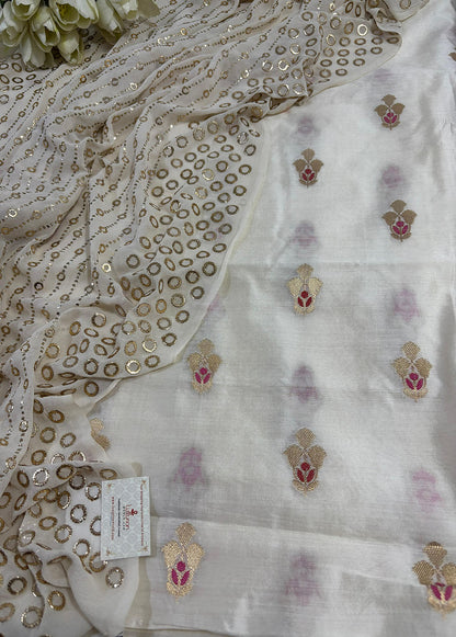 Dyeable Banarasi Handloom Chiniya Silk Suit With Dyeable Hand Embroidered Georgette Dupatta with Mukaish work - Luxurion World